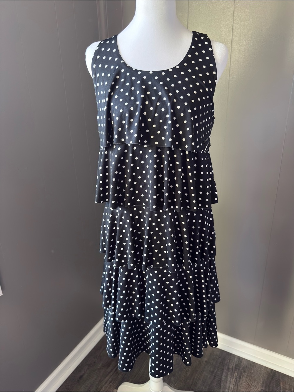 Kim Rogers Black and White Polka Dot Tiered Midi Dress